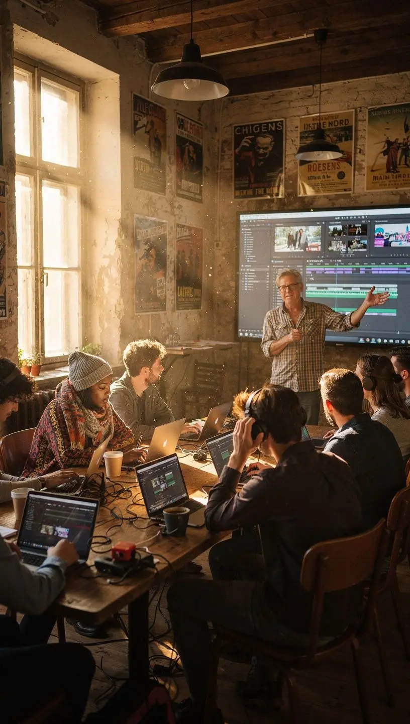 Ein Dozent erklärt die Grundlagen der Kameraführung vor einer Gruppe von aufmerksamen Teilnehmern.