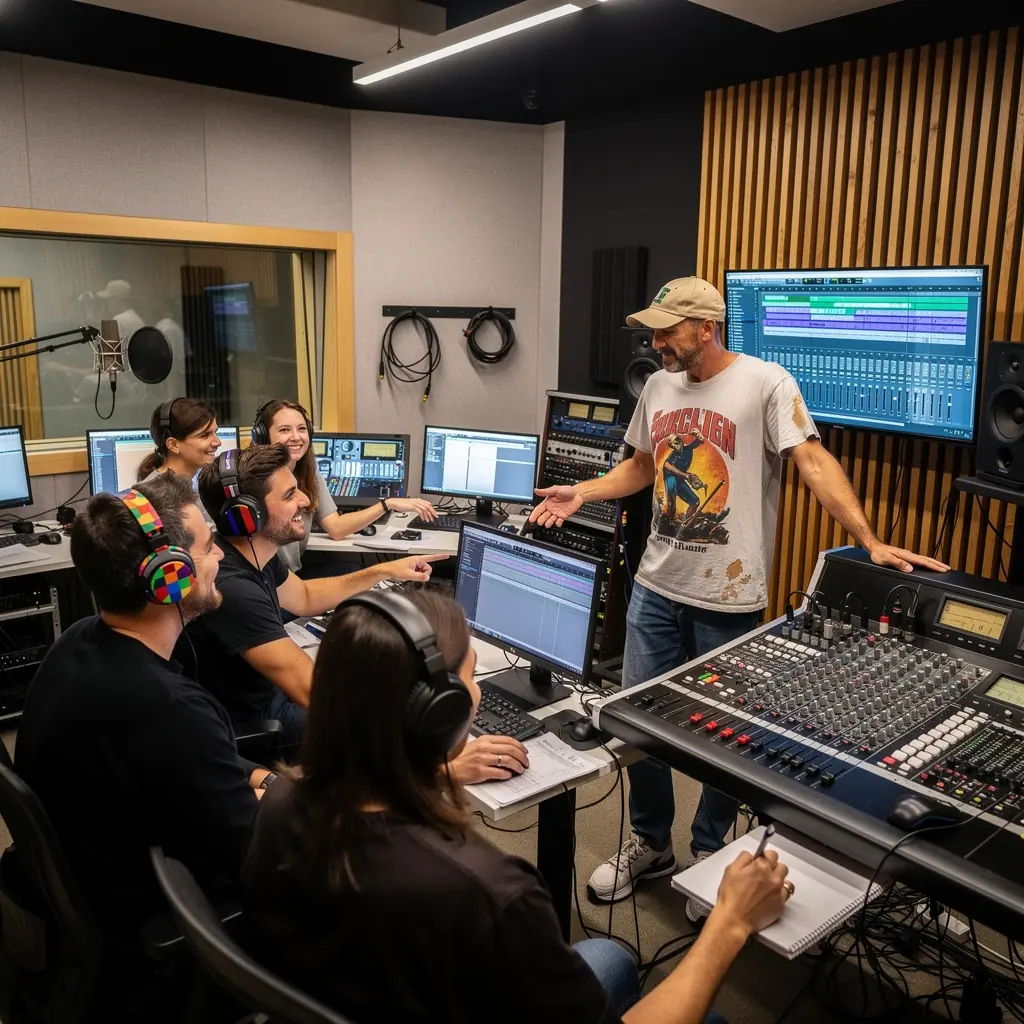 Ein Lehrer erklärt die Grundlagen der Kameraführung während eines Online-Kurses.