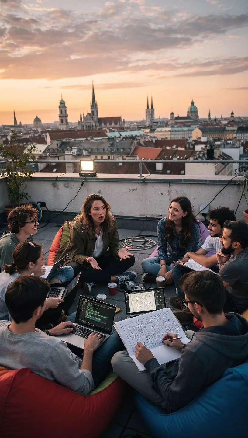 Eine Gruppe von Teilnehmern diskutiert kreative Ideen für ihr Filmprojekt in einer virtuellen Sitzung.