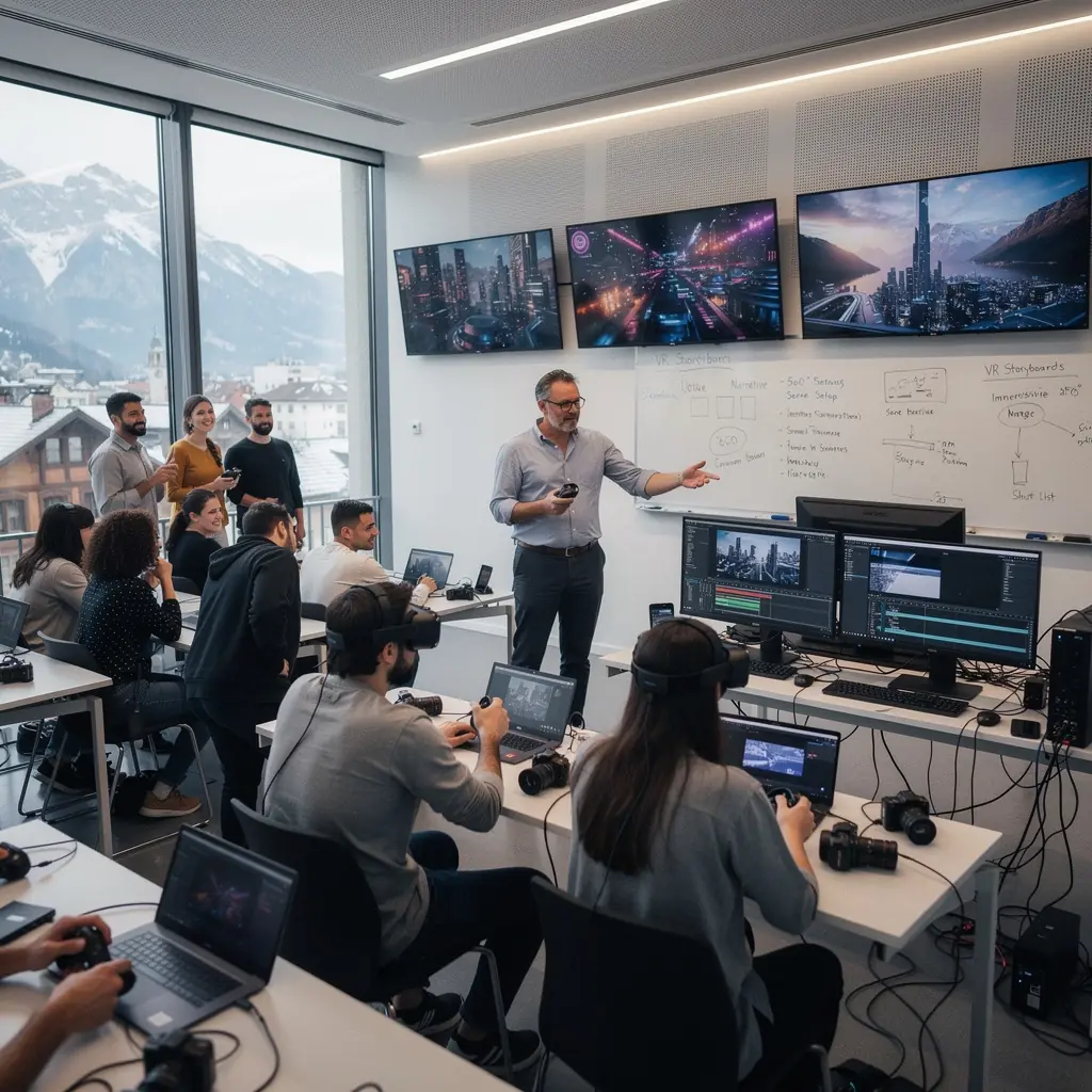 Ein Lehrer erklärt die Grundlagen der Kameraführung während eines Online-Kurses.